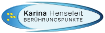 Logo: Ein rundes blaues Logo. Links befinden sich in gelb die Initialen in Braille von Karina. In der mitte befindet sich ein Schriftzug Karina Henseleit darunter Beruehrungspunkte